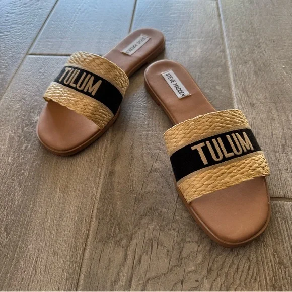 Steve Madden Knox Tulum Tan and Black Slide Sandals - Picture 1 of 7